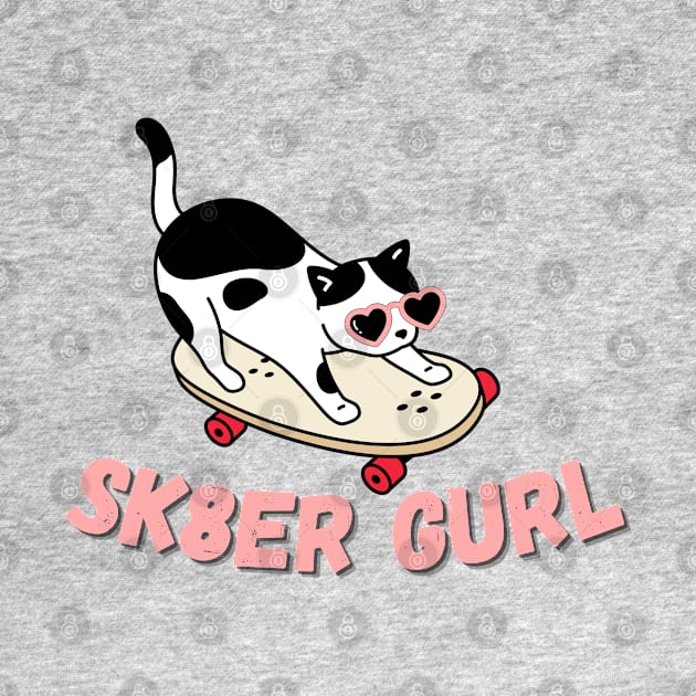 Black and White Cat on a Skateboard - Silly Sk8r Gurl Design by Flourescent Flamingo